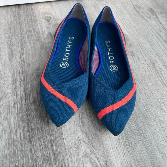Rothys The Point Flats Shoes Womens 6.5 Teal Blue & Orange Stripe CLEAN washable - Picture 4 of 7